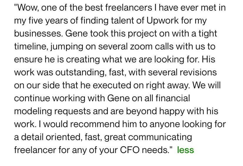 Client feedback about financial modeling and continued CFO support
